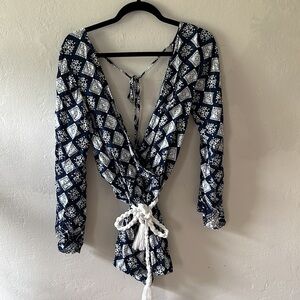 Faithfull the Brand blue and white long sleeve romper play suit